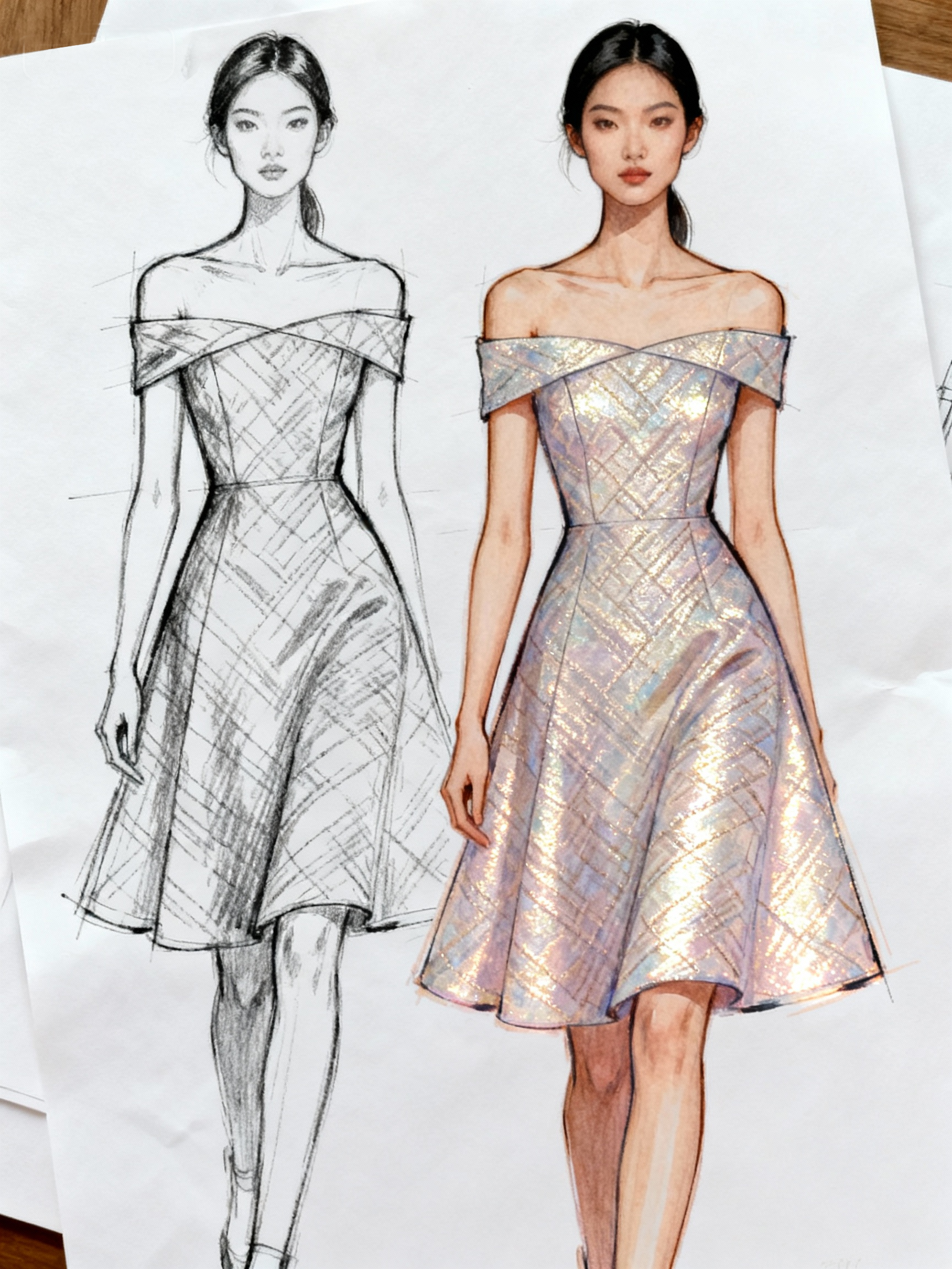 虹光菱纹露肩裙