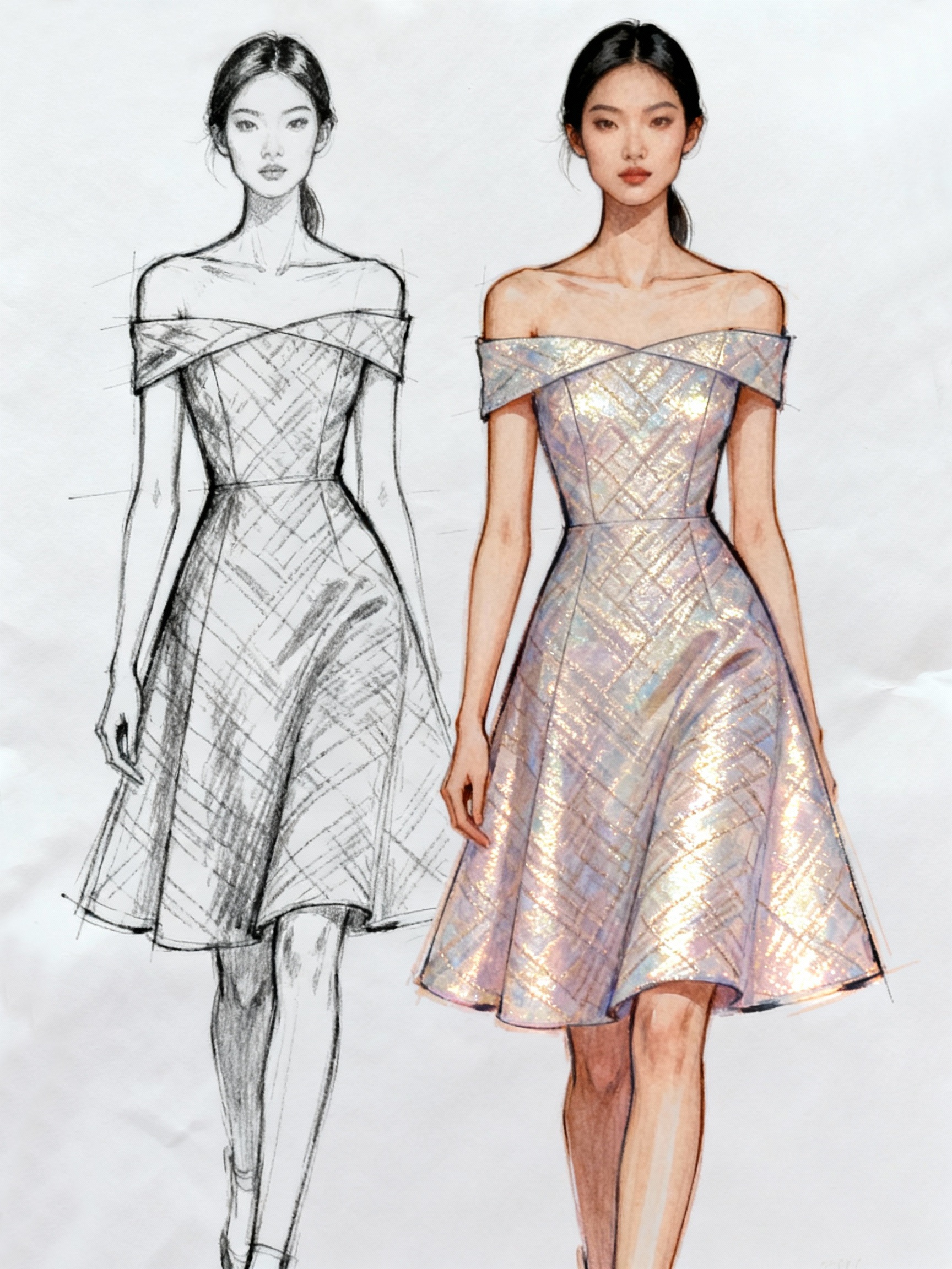 虹光菱纹露肩裙